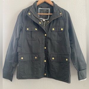 J. Crew Downtown Field Jacket, waxed canvas, olive green with gold buttons